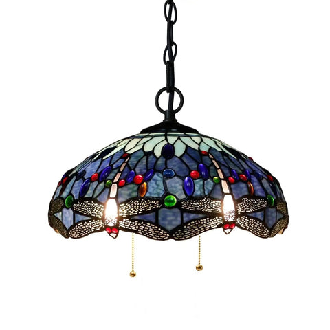 Sea Blue Dragonfly Style Stained Glass Lamp Shade Replacement 16x8 Inch With Cap for Pendant Lights, handcrafted and colorful.