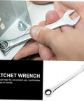 Hands using Compact Metric Ratcheting Wrench Set With Offset Mini Wrenches 12 Piece Swivel Head Handy Tools Kit For Tight Spots Durable Steel Spanner Tools For Home Garage And Auto Maintenance on a metal nut.