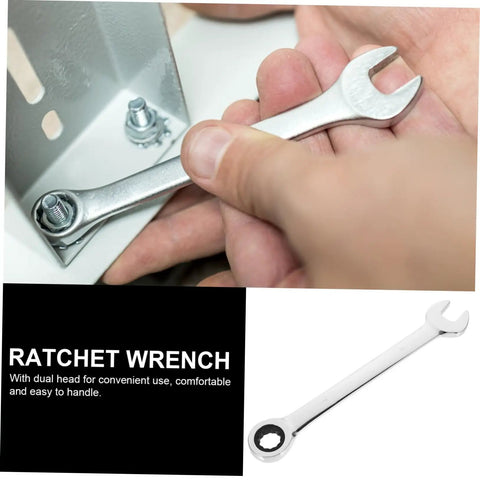 Hands using Compact Metric Ratcheting Wrench Set With Offset Mini Wrenches 12 Piece Swivel Head Handy Tools Kit For Tight Spots Durable Steel Spanner Tools For Home Garage And Auto Maintenance on a metal nut.