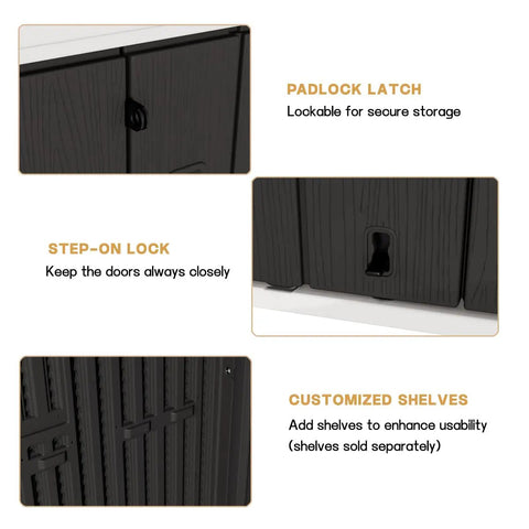 Details of Outdoor Vertical Storage Shed 57 cu ft Waterproof Resin Cabinet with padlock latch, step-on lock, customizable shelves