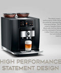 Top Shelf Automatic Espresso Machine Featuring Giant Interactive Touchscreen And Single Button Operation In Sleek Diamond Black Finish Includes Complete Gear Bundle For Serious Home Brewers Who Want Fire with coffee glass.