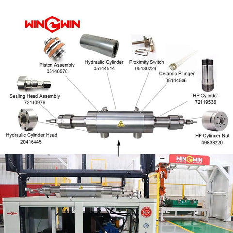 Water jet cutting machine seal head and spare parts diagram; silver metal components with WinGwin branding