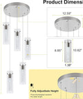 Five-Light Brushed Nickel Kitchen Island Pendant Lights With Dimmable LED, Remote Control, glass fixtures with dimensions