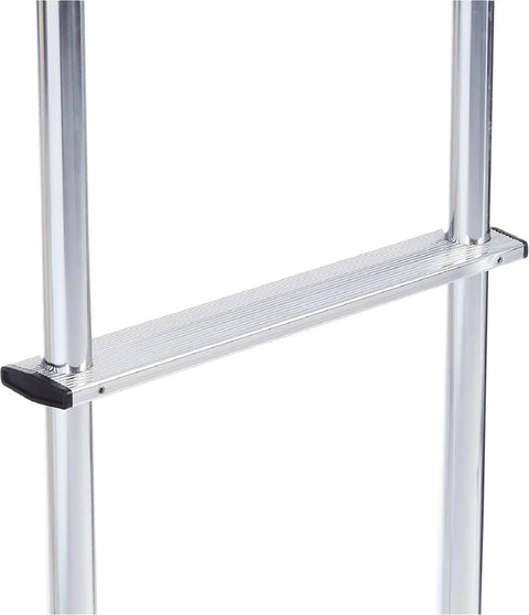 502L Universal Straight RV Exterior Ladder For All Motorhomes With Vertical Rear Panel, Aluminum Construction, Polished Finish, No Fuss Upper And Lower Mounts, Four Adjustable Stands, Fits Any Make Or Model, close-up of aluminum rung