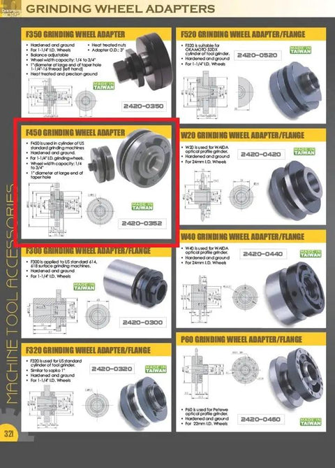 Catalog page featuring F450 Grinding Wheel Adapter for US standard cylindrical grinders, showing adapter with 1-1/4 in ID and 1 in taper