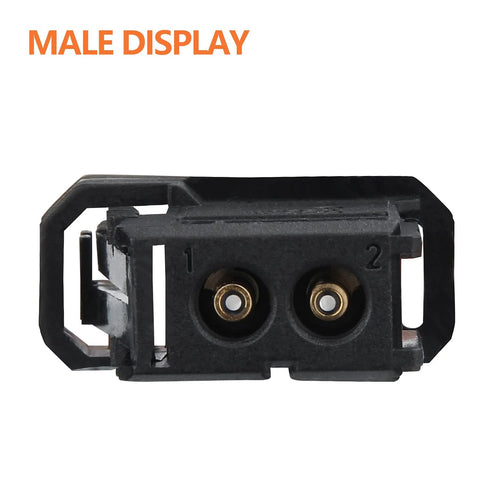 Front view of Mellbree 2-port fiber optic loop bypass adapter, black plastic with ports labeled 1 and 2