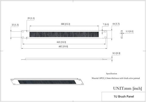 Technical drawing of 10 Pack 1U Horizontal Rack Mount Cable Management Brush Panel For 19 Inch Racks And Cabinets Black With High Density Nylon Brush For Cable Entry And Dust Control In Data Centers And Studios.
