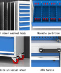 Close-up of Heavy Duty Steel Tool Cabinet Shop Grade Rolling Cart Pro Built With Thirteen Wide Drawers highlighting all steel body and movable partitions.