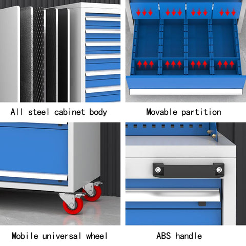 Close-up of Heavy Duty Steel Tool Cabinet Shop Grade Rolling Cart Pro Built With Thirteen Wide Drawers highlighting all steel body and movable partitions.