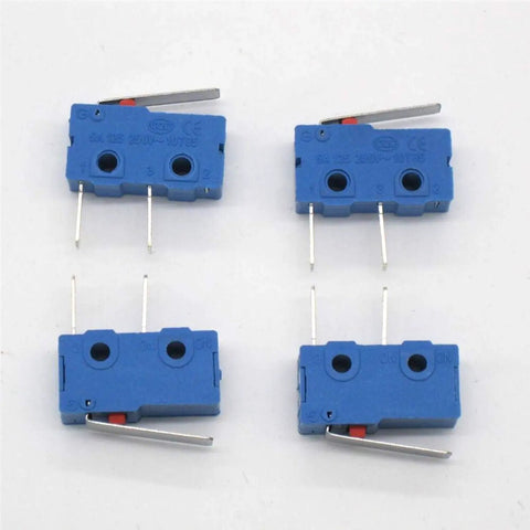 Workhorse 10 Pack 250V 5A Micro Switches 2 Pin 1NO Lever Tact Switches With 16mm Lever, shown in blue with lever extended.