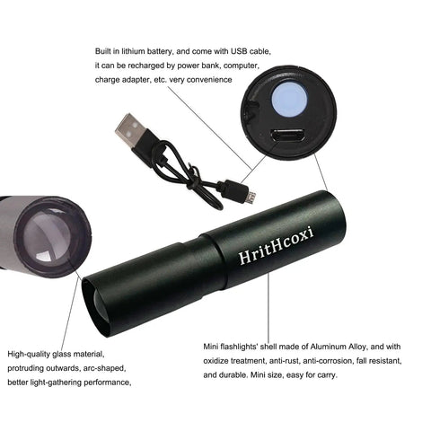 Rechargeable Mini LED Flashlights Set Of 6 High Brightness 1200 Lumens XPE with USB cable, aluminum body, and zoom lens parts.