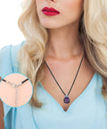 Woman wearing black 100 Pcs Premium Leather Necklace Cord With Clasps For Pendants, 18 Inch Waxed Rope String