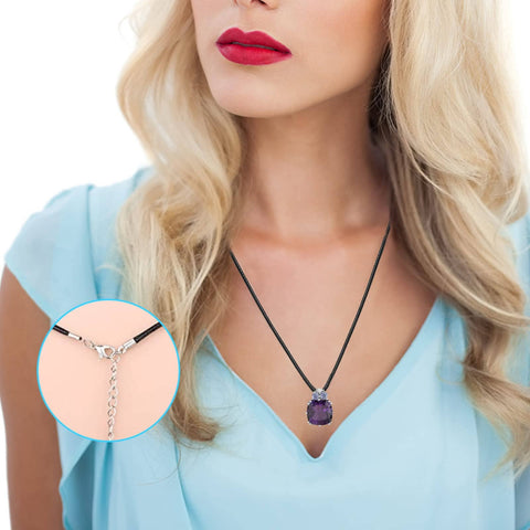 Woman wearing black 100 Pcs Premium Leather Necklace Cord With Clasps For Pendants, 18 Inch Waxed Rope String