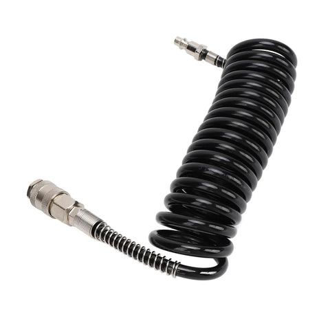 Hardcore Heavy Duty Coiled Air Hose 3 Meter Long Reinforced Premium Rubber Steel Build Resists Kinks Oils And Grease For Garage Shop Pneumatic Auto Repair Tasks Easy Flexibility Super Awesome For Mechanics And DIY Projects. black coiled hose with steel fittings