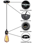 Industrial Mini Pendant Light Kit 4 Pack With E26 E27 Base showing wiring details, adjustable screw, and lamp holder.