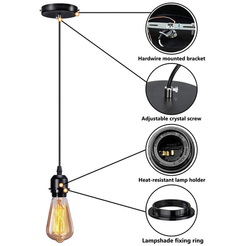 Industrial Mini Pendant Light Kit 4 Pack With E26 E27 Base showing wiring details, adjustable screw, and lamp holder.