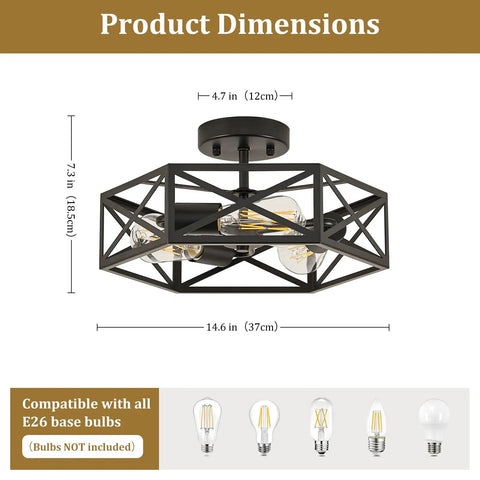 Product dimensions of Modern Farmhouse Hexagon Cage Ceiling Light Semi Flush Mount in Matte Black with E26 bulb compatibility.