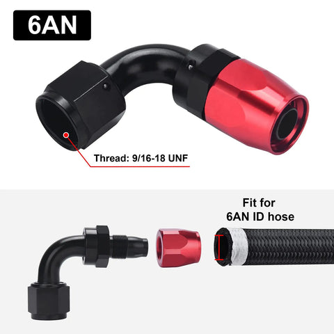 6AN Hose End Fitting 90 Degree Swivel for CPE Braided Hose Aluminum 6061 T6 Black and Red Beefy Built Tough Design Nine Sixteenths UNF Thread Heavy Duty Inline Connector With 1500 PSI Maximum, 9/16-18 UNF, fit for 6AN ID hose
