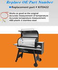 Front view of a pellet grill with open lid; shows KIT0422 thermocouple probe replacement parts and wiring.