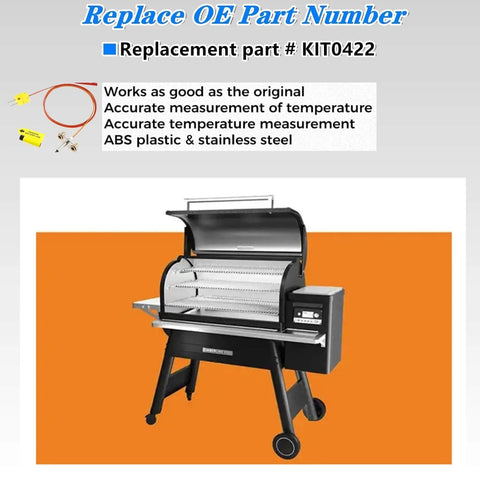 Front view of a pellet grill with open lid; shows KIT0422 thermocouple probe replacement parts and wiring.