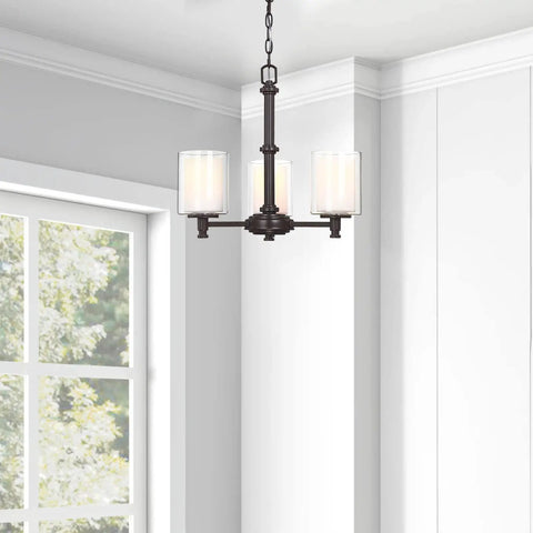 Three Light Ceiling Chandelier With Opal Clear Glass Shade For Dining Room Living Room Hallway And Kitchen Island In Oil Rubbed Bronze Finish Modern Cool Home Lighting And Decor in a bright room.