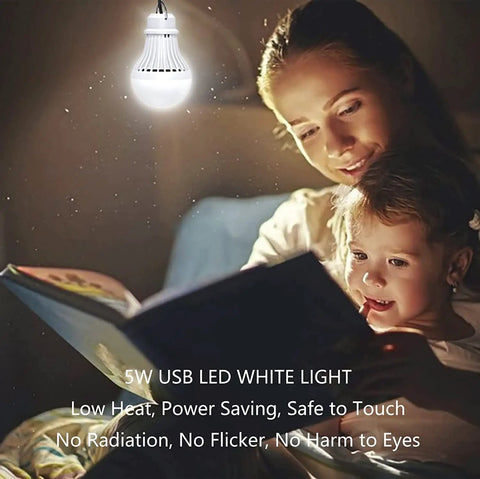 Two Pack USB LED Camping Light Bulbs With 8.2 Ft Extra Cord Tent Lantern Handy USB Y Cable Powered Work Light illuminating a book