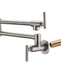 Pot Filler Faucet Wall Mount Brushed Nickel Finish With Dual Swing Joints 304 Stainless Steel Lead Free ASME A112.18.1 CSA B125.1 Certified ICC-ES PMG Easy Fill For Busy Home Chefs showing swing spout and wall mount.