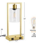 Industrial Table Lamp Set Of 2 With Gold Finish, Dimmable Nightstand Lamps, USB Ports And AC Outlet, Clear Glass Shade, LED Bulbs Included