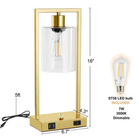 Industrial Table Lamp Set Of 2 With Gold Finish, Dimmable Nightstand Lamps, USB Ports And AC Outlet, Clear Glass Shade, LED Bulbs Included