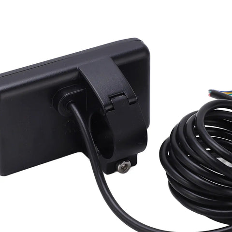 Back view of Wireless Electric Bike LCD Display Panel S866 with SM Plug for 0.9 inch handlebars, coiled cable attached.