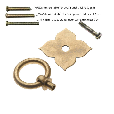 4 Pack Brass Drawer Pulls Antique Brass Cabinet Ring Handles with screws, flower-shaped backplate, 1.89x1.69 inches, durable hardware