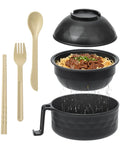 Ramen Cooker Microwave Bowl for Dorms and Offices, 3 In One Noodle Bowl With Drain Feature, BPA Free Black with utensils