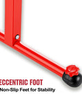 Close-up of red non-slip foot on 2 Pack Folding Roller Stands With 27 To 43 Inch Adjustable Height Heavy Duty Steel Build Ideal Outfeed Support For Table Saws And Woodworking Each Pair Holds Up To 500 Lbs Tool Free Height Adjustment
