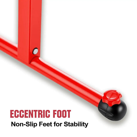 Close-up of red non-slip foot on 2 Pack Folding Roller Stands With 27 To 43 Inch Adjustable Height Heavy Duty Steel Build Ideal Outfeed Support For Table Saws And Woodworking Each Pair Holds Up To 500 Lbs Tool Free Height Adjustment