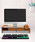 Transform Your Workspace With These Solid Wood Monitor Risers Featuring A Lockable Storage Drawer With Secure Laptop Stand Built Like Iron To Keep Your Desk Slick And Super Organized Daily with a wooden riser and keyboard.