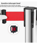 Rock Solid Stainless Steel Stanchion Pair With Snappy Retractable Polyester Cord For Crowd Calming Plus Line Forming At Bars Venues Using Totally Smooth Springless Damper Pushback System showing sensitive telescopic head with red cord