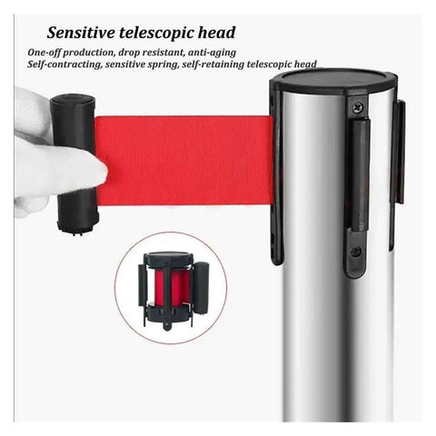 Rock Solid Stainless Steel Stanchion Pair With Snappy Retractable Polyester Cord For Crowd Calming Plus Line Forming At Bars Venues Using Totally Smooth Springless Damper Pushback System showing sensitive telescopic head with red cord