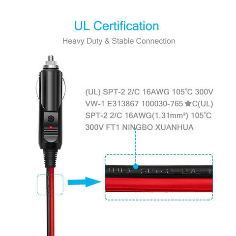 12V 24V Car Cigarette Lighter Extension Cord 6 Foot UL Listed 16 AWG Heavy Duty Wire With High Temperature Resistant Jacket For Dash Gadgets Phone Chargers GPS And Other Power Devices, UL-certified plug and 16 AWG cable close-up