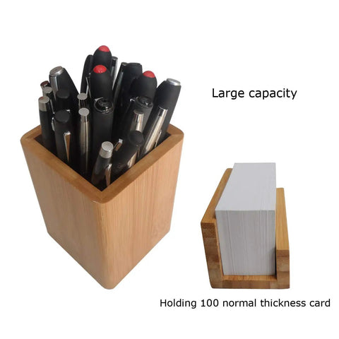 Two Pack Bamboo Pen Holder And Card Stand Set For Home Office And School, Natural Durable Bamboo Desk Organizer With Large Capacity