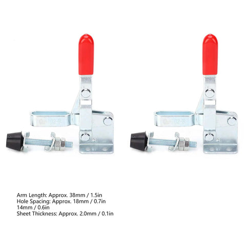 Two Pack Welding Toggle Clamp Set With Quick Release Latch And Hold Down Features displayed with bright red handles and metal construction.