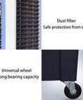 Detail of dust filter and universal wheel on Beat The Heat Portable Swamp Cooler With Deep Water Tank for efficient cooling.