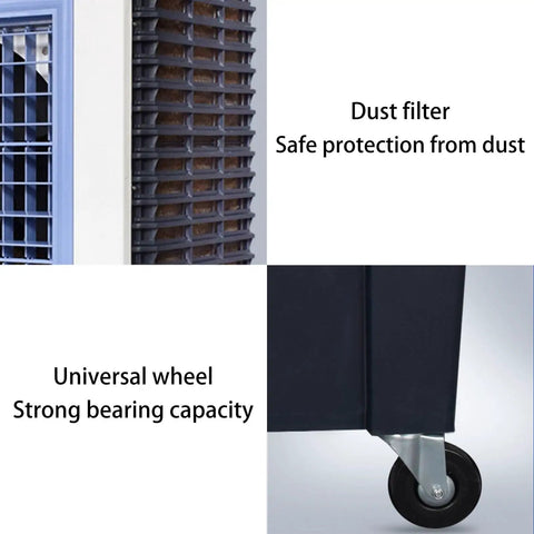Detail of dust filter and universal wheel on Beat The Heat Portable Swamp Cooler With Deep Water Tank for efficient cooling.