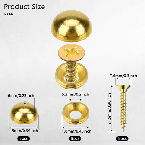 Pure Brass Decorative Screw Covers With Smooth Caps Heavy Duty Self Tapping Bolts For Furniture And Mirror Repairs size chart with screw and caps dimensions.