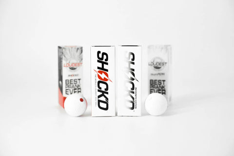 Loudest Golf Ball Ever For Pranks, Viral Sleeve Of Three Novelty Balls With Red Button Hit, Shock'D packaging front view