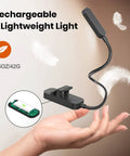 Clip On Rechargeable Book Light Set 2 Pack For Bedtime Or Late Night Reading, lightweight design in a hand with feathers