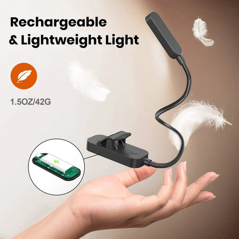Clip On Rechargeable Book Light Set 2 Pack For Bedtime Or Late Night Reading, lightweight design in a hand with feathers