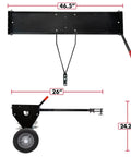 Tow Behind Spike Aerator With Transport Wheels, 46.5-inch width, side and front view with dimensions, galvanized carbon steel
