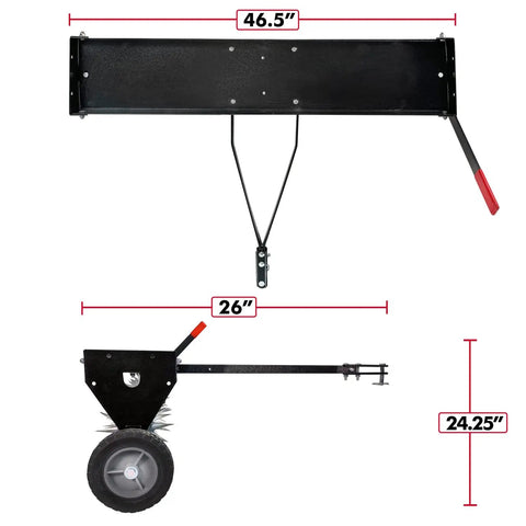 Tow Behind Spike Aerator With Transport Wheels, 46.5-inch width, side and front view with dimensions, galvanized carbon steel