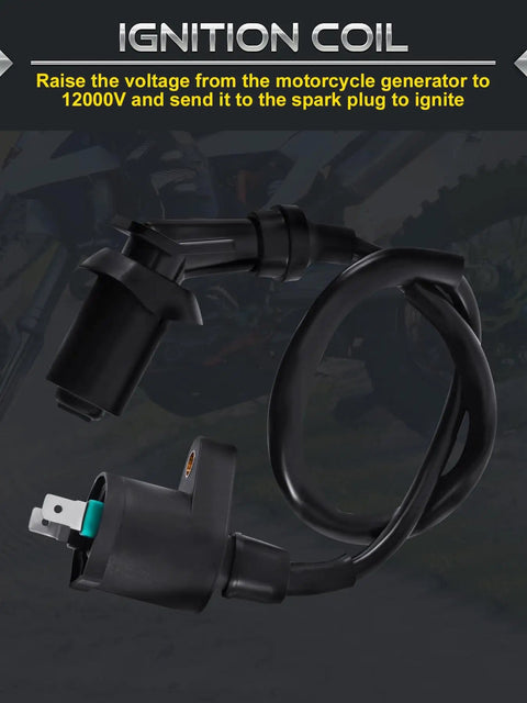 Motorcycle ignition coil for voltage increase to 12000V, with wire and plug, black color, used to ignite spark plug