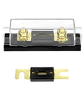 250A Inline ANL Fuse Holder Pack Of 4 For Car Audio Amplifiers, 0, 2, And 4 Gauge Wiring, Corrosion Resistant Terminals, High Temp ABS Base, Crystal Clear Lid For Quick Fuse Status, Includes 2 Mounting Holes. Clear lid inline ANL fuse holder with 250A terminals and 2-hole mount